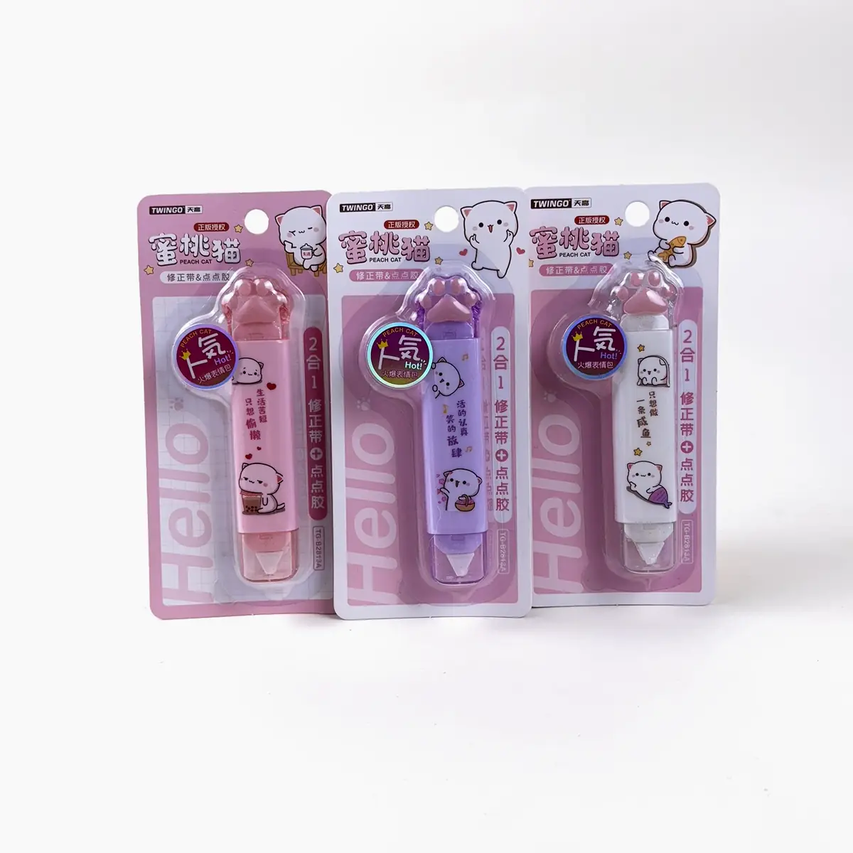 Corrector 2 en 1 Twingo Peach Cat en colores rosado, lila y blanco