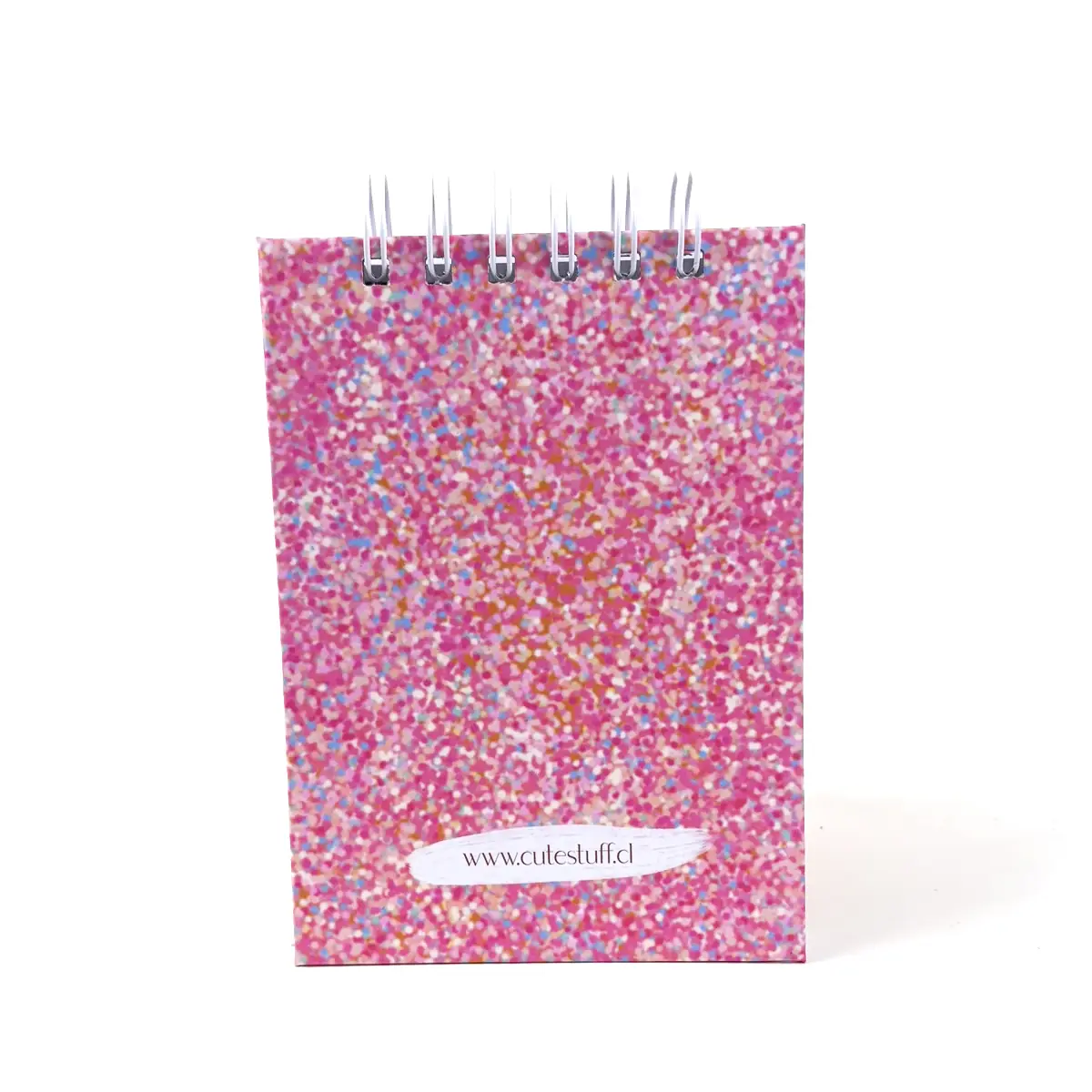 Libreta A6 Bloom rosada con efecto glitter y perrito con flor y anillos superiores