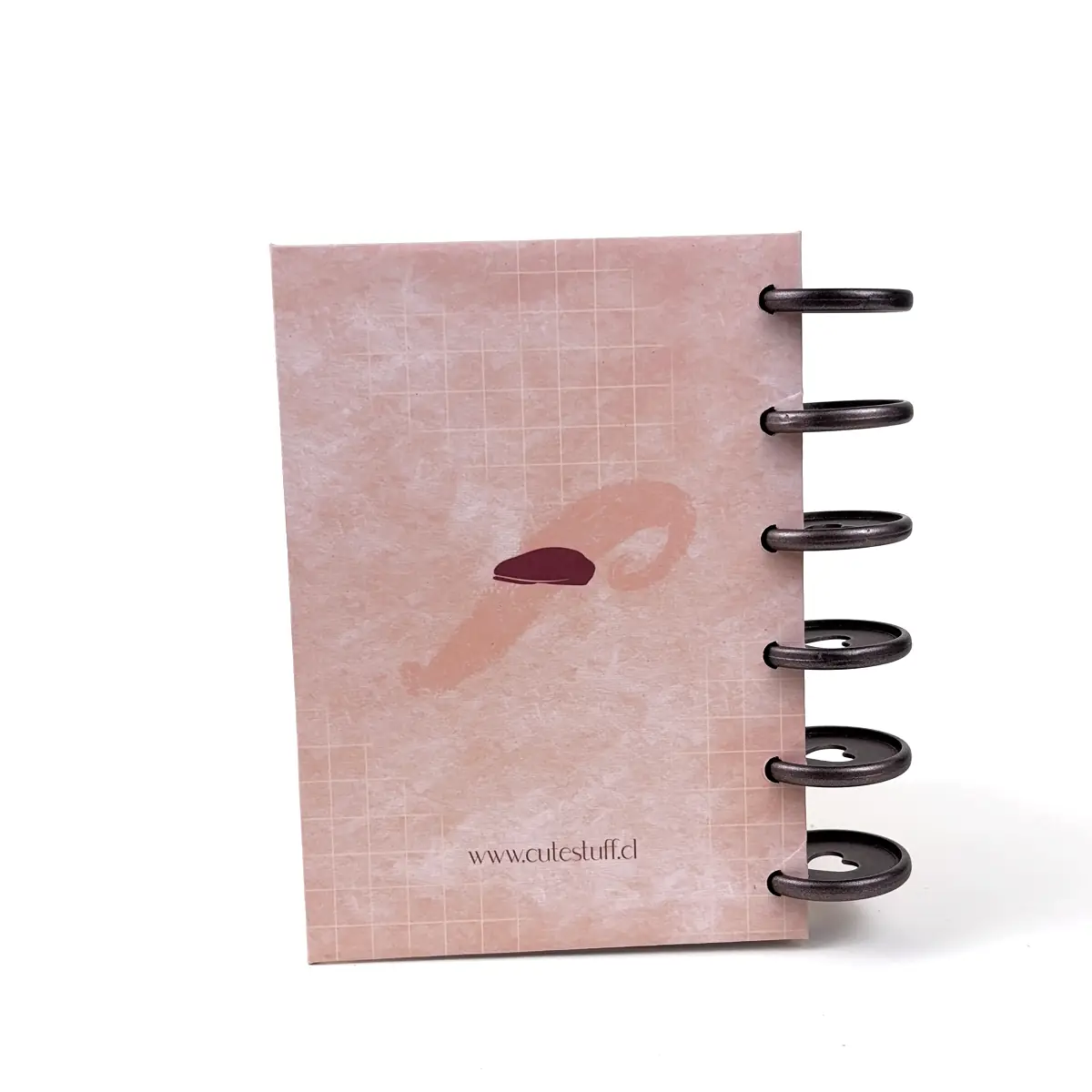 Libreta A6 Clarity rosada con frase manuscrita y discos laterales