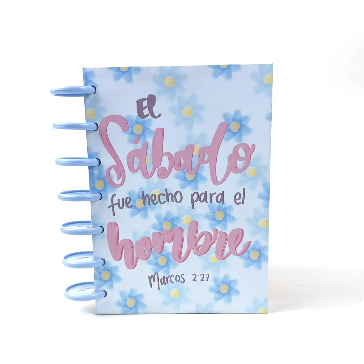 Libreta B6 Sabbath floral celeste con frase de Marcos 2:27 y discos laterales